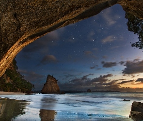 Gwiazdy, Skały, Morze, Noc, Waikato, Półwysep Coromandel, Zatoka Cathedral Cove, Rezerwat, Nowa Zelandia, Jaskinia