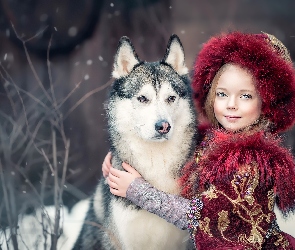 Dziewczynka, Siberian husky, Pies