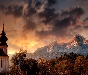 Sanktuarium Maria Gern, Niemcy, Kościół, Bawaria, Alpy Salzburskie, Berchtesgaden, Drzewa, Góry