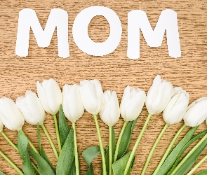 Dzień Matki, Mom, Białe, Blat, Napis, Kwiaty, Tulipany