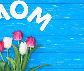 Niebieskie, Dzień Matki, Tulipany, Deski, Mom, Kwiaty, Napis