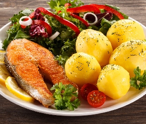 Pomidorki, Sałatka zielona, Ziemniaki, Talerz, Łosoś, Obiad, Ryba