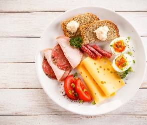 Szczypiorek, Chleb, Śniadanie, Pomidorki, Majonez, Deski, Kanapki, Talerz, Jajka, Wędliny, Ser
