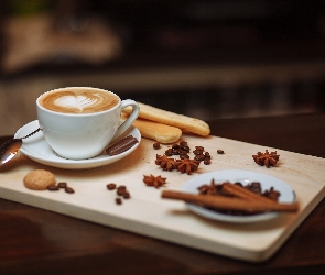 Cappuccino, Łyżeczka, Kawa, Spodek, Anyż, Filiżanka, Deska, Ciasteczka