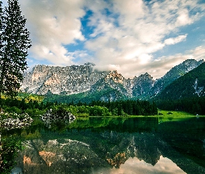 Jezioro, Odbicie, Drzewa, Skały, Góry