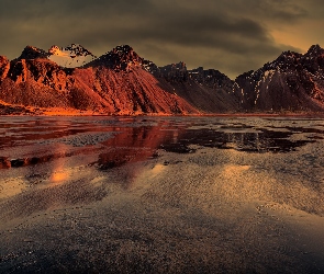 Plaża Stokksnes, Góry, Zachód słońca, Islandia, Góra Vestrahorn