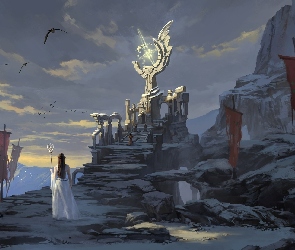 Skały, Postacie, Fantasy, Ruiny, Elf, Góry, Chorągwie, Dziewczyna