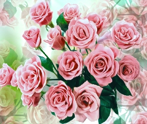 Róże, Kolorowe tło, 2D, Bukiet, Kwiaty