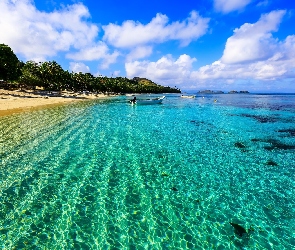Morze, Wybrzeże, Fidżi, Łódki, Wyspa Dravuni, Plaża