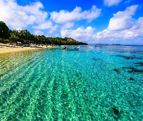 Fidżi, Wyspa Dravuni, Wybrzeże, Morze, Plaża, Łódki