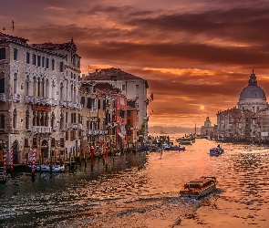 Domy, Kanał, Bazylika św. Marka, Łodzie, Włochy, Wenecja, Wschód słońca, Canal Grande