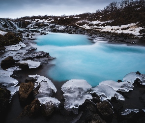 Wodospad Bruarfoss Waterfall, Śnieg, Zima, Islandia, Rzeka Bruara