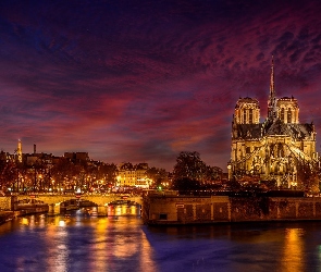 Francja, Paryż, Most, Rzeka Sekwana, Światła, Katedra Notre-Dame