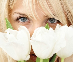 Tulipany, Białe, Kobieta, Oczy