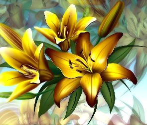 Lilie, Żółte, Grafika, Kwiaty
