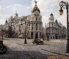 Matte painting, Samochody, Zabytkowe, Latarnie, Biurowiec Metropolis, Madryt, Ulica Gran Via, Rok 1900, Hiszpania, Kamienice