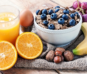 Płatki, Jajko, Pomarańcza, Śniadanie, Orzechy, Banan, Musli, Borówki, Sok