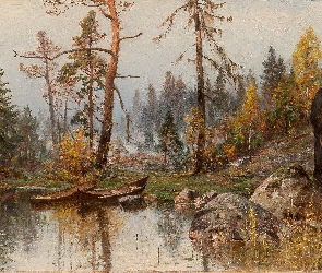 Malarstwo, Kamienie, Łódki, Hjalmar Munsterhjelm, Las, Jezioro, Drzewa