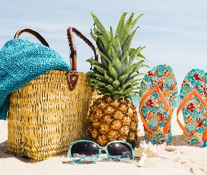 Japonki, Ananas, Plaża, Kompozycja, Okulary, Lato, Koszyk