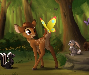 Film animowany, Skunks, Bajka, Jelonek, Motyle, Bambi, Las, Królik