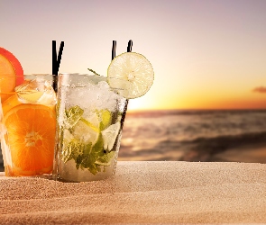 Drink, Cytrusowy, Zachód słońca, Limonka, Szklanki, Pomarańcza, Słomki, Dwie