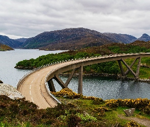 Region Highlands, Szkocja, Roślinność, Most Kylesku Bridge, Wzgórza, Krzewy, Jezioro Loch a Chairn Bhain