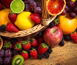 Owoce, Winogrona, Koszyk, Jeżyny, Jabłko, Truskawki, Kiwi, Cytryny