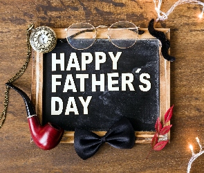 Okulary, Fajka, Tabliczka, Muszka, Happy Fathers Day, Dzień Ojca, Napis