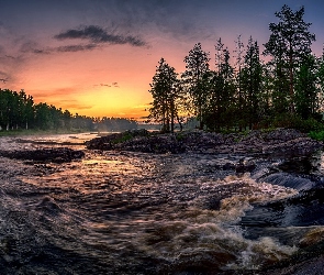 Finlandia, Teren Koiteli, Rzeka Kiiminkijoki, Kamienie, Las, Wschód słońca, Drzewa, Kiiminki