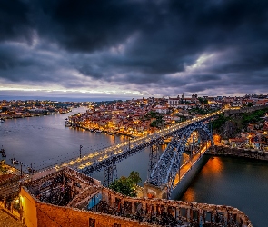 Portugalia, Porto, Chmury, Most Ponte Dom Luis I, Ciemne, Rzeka Duero