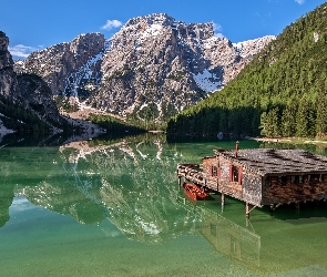 Włochy, Łódki, Drewniany, Drzewa, Dom, Dolomity, Południowy Tyrol, Jezioro Pragser Wildsee, Góry