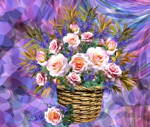 Róże, Grafika, Koszyczek, Bukiet, Kwiaty
