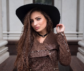Kurtka, Skórzana, Modelka, Kobieta, Veronika Avdeeva, Kapelusz
