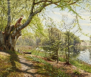 Obraz, Peder Monsted, Ścieżka, Drzewo, Łódka, Rzeka