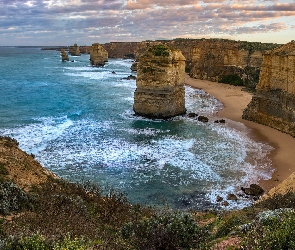 Kolumny wapienne, Skały, Australia, Wybrzeże, Morze, Park Narodowy Port Campbell, Dwunastu Apostołów, Klif, Cieśnina Bassa