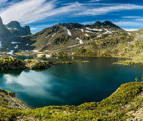 Chmury, Mgła, Góry Alpy, Francja, Pasmo Belledonne, Jezioro