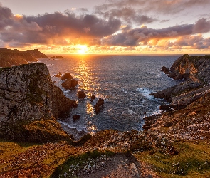 Hrabstwo Donegal, Morze, Zatoka Donegal, Wybrzeże, Zachód słońca, Irlandia, Chmury, Skały