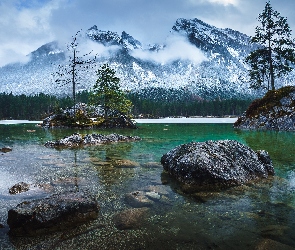 Jezioro Hintersee, Bawaria, Drzewa, Góry, Skały, Niemcy