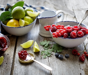 Maliny, Owoce, Dzbanuszek, Cytryny, Limonki, Miseczki, Porzeczka