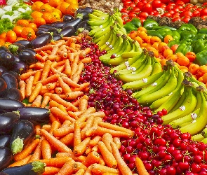 Pomidory, Papryka, Warzywa, Czereśnia, Pomarańcza, Stragan, Owoce, Kiwi, Banany, Bakłażany, Marchew
