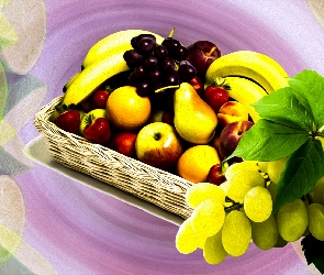 Banany, Grafika, Winogrona, Gruszki, Owoce