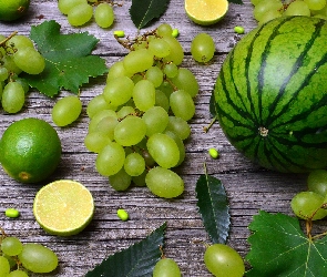 Zielone, Deski, Winogrona, Owoce, Liście, Arbuz, Limonka