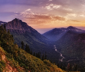 Stan Montana, Stany Zjednoczone, Zachód słońca, Góry, Rzeka, Las, Park Narodowy Glacier