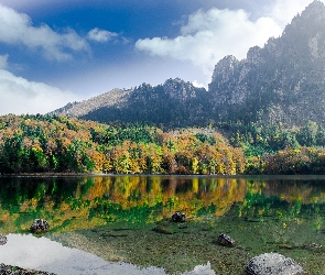 Jezioro Langbathseen, Góry Alpy, Odbicie, Austria, Las, Chmury, Gmina Ebensee