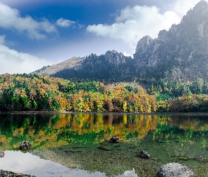 Chmury, Las, Jezioro Langbathseen, Odbicie, Austria, Góry Alpy, Gmina Ebensee