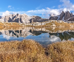 Południowy Tyrol, Włochy, Odbicie, Góry Alpy, Jezioro, Trawa, Dolomity