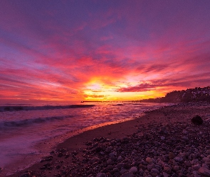 El Capitan State Beach, Molo, Plaża, Morze, Stany Zjednoczone, Santa Barbara, Zachód słońca, Stan Kalifornia, Kamienie