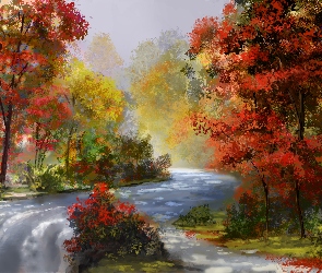 Rzeka, Digital Art, Jesień, Drzewa