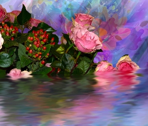 Kwiaty, Grafika, Woda, Róże