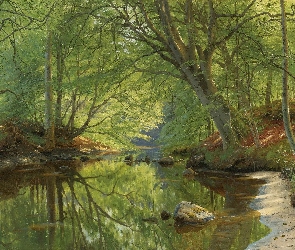 Peder Monsted, Rzeka, Drzewa, Las, Malarstwo